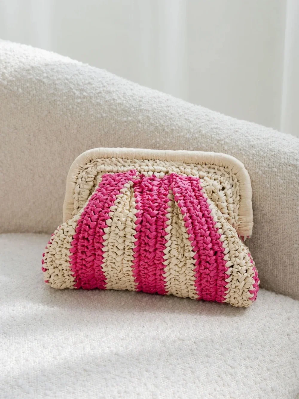 Pink Striped Raffia Clutch Bag Crossbody Beach Vacation Purse Hot Pink Pouch